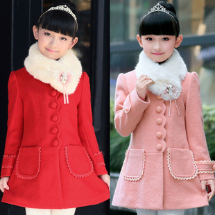 2015秋冬新款童装 女童韩版加厚纯色呢大衣 中大儿童外套一件代发