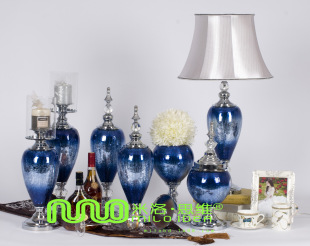 米洛思维新古典后现代简欧蓝色玻璃摆件烛台台灯家居饰品摆设