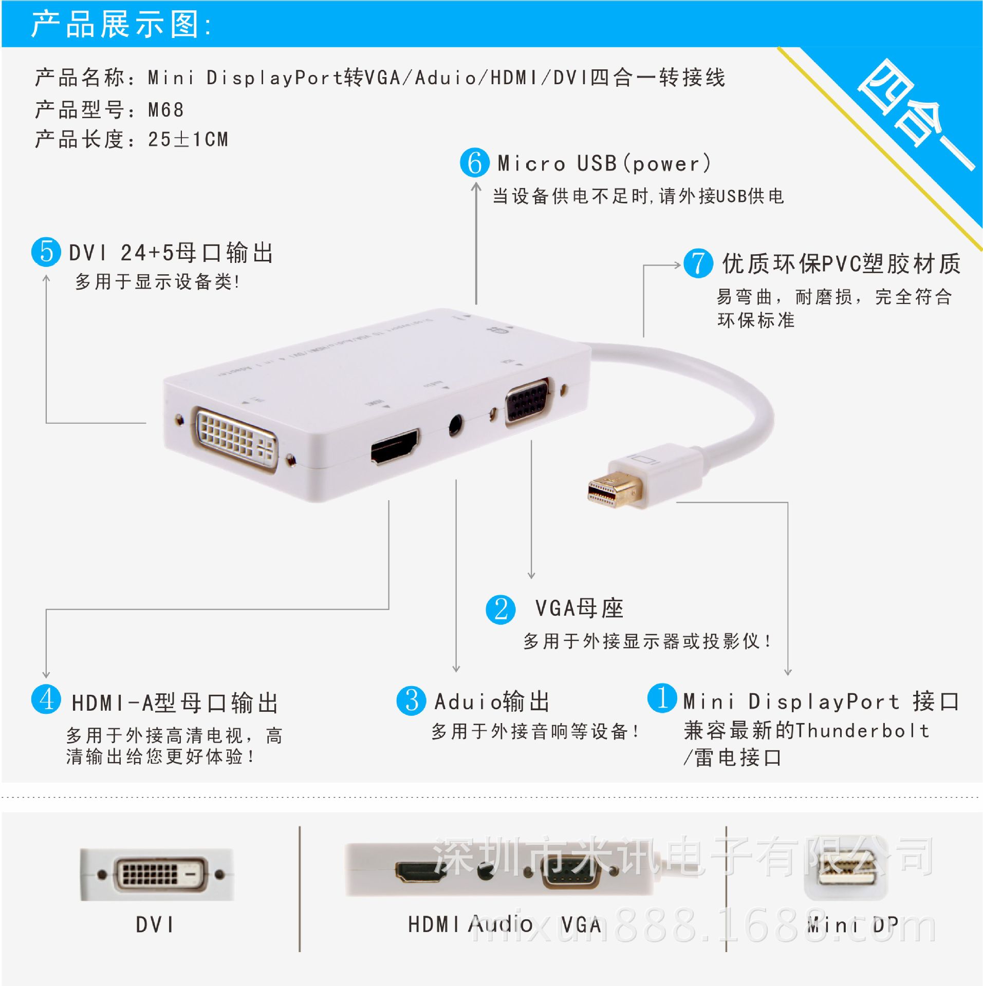 新品热销 mini displayport转vga/aduio/hdmi/dvi四合一转换器