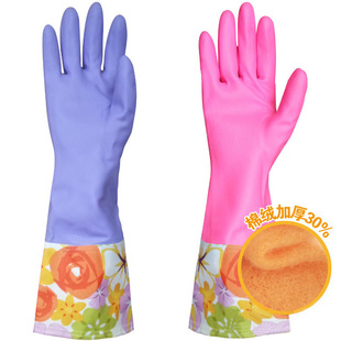 加绒保暖手套 洗衣洗碗手套 家务用防水清洁花袖pvc橡胶手套批发