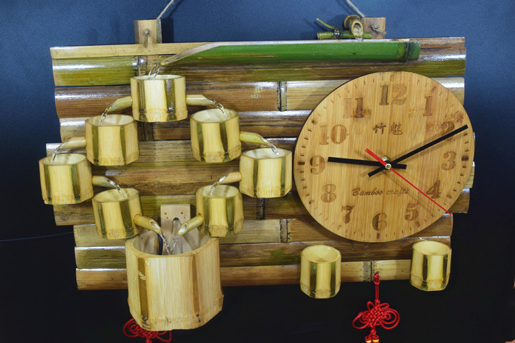 竹子流水喷泉工艺品创意手工质水景办公室竹制时钟挂钟摆件家居