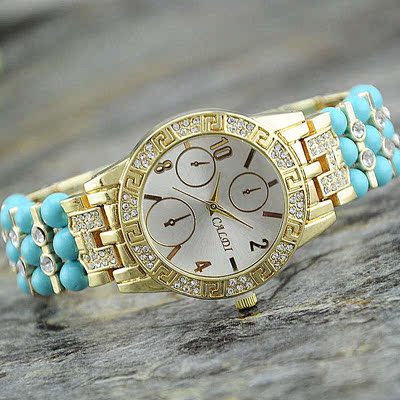 最经典镶钻钢带绿松石手表 外贸网站爆款women watch wholesale