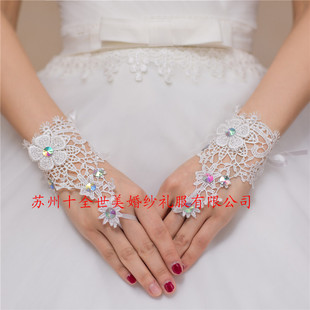 新款简洁白色彩色钻石套指新娘结婚手套批发