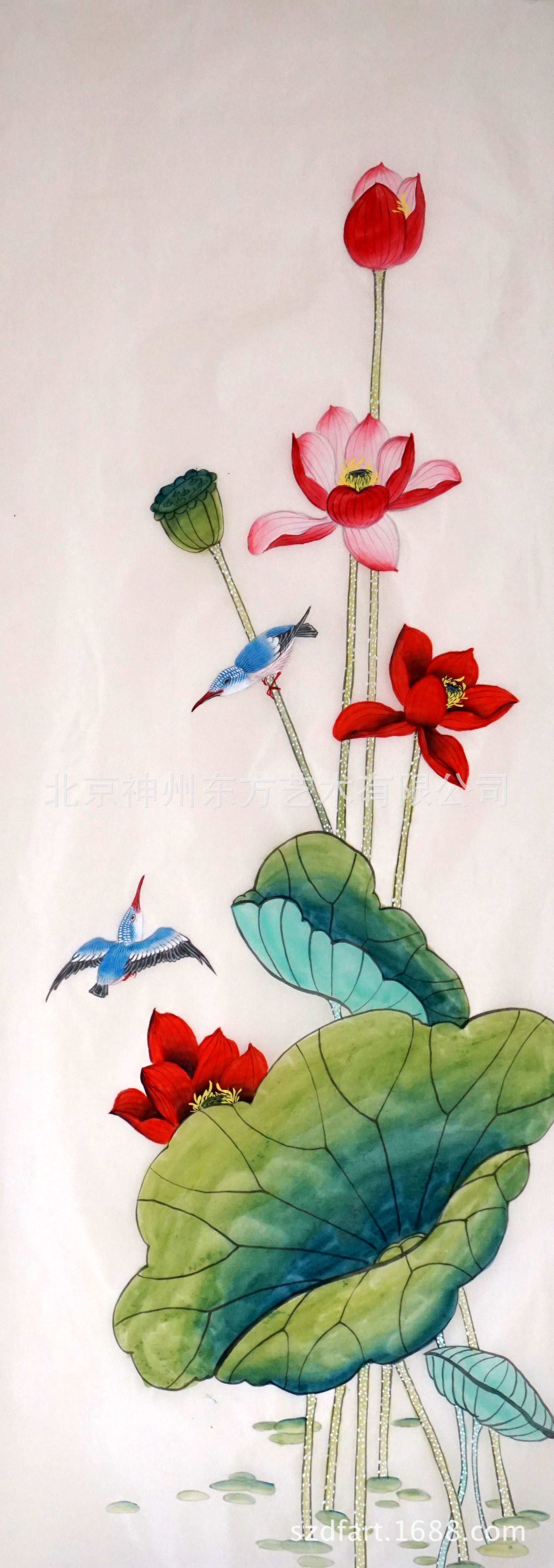 绢画工笔荷花屏风画工笔花鸟画北京手绘e371