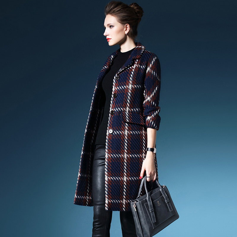 格子羊毛呢大衣 2015冬装新款中长款女士针织