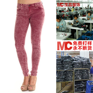 淘工厂欧美风品牌女式牛仔裤来图来样贴牌小批量生产加工ag45