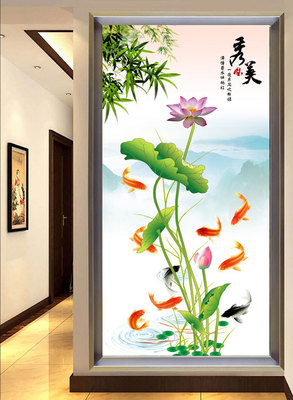 中式风格 荷花九鱼图墙纸 大型玄关走廊无纺布 背景墙自粘壁纸