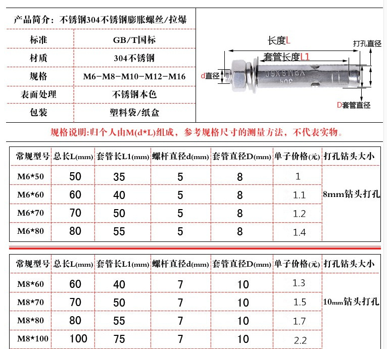 名称:  304不锈钢膨胀螺丝 规格:m10全系列 材质:304不锈钢 牙距