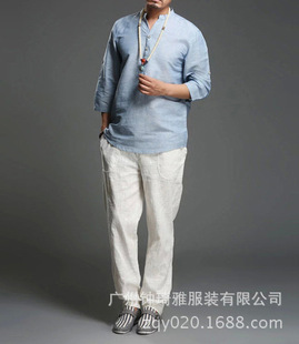 中国风唐装男短袖棉麻唐装短袖衬衫男士七分袖男装 中年夏装
