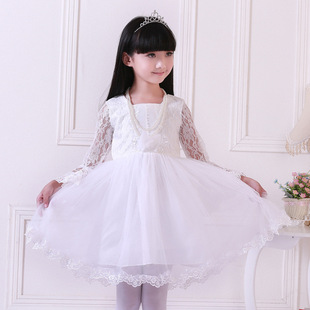 女童婚纱公主裙白色蕾丝蓬蓬裙儿童舞蹈演出服花童礼服一件代发