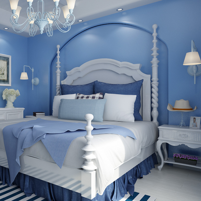 深蓝浅蓝淡蓝长纤无纺布墙纸 地中海纯素色壁纸卧室客厅背景墙纸