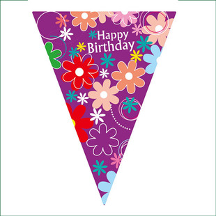 【紫色小花款】三角旗生日派对  厂家直销生日三角旗  卡通三角旗