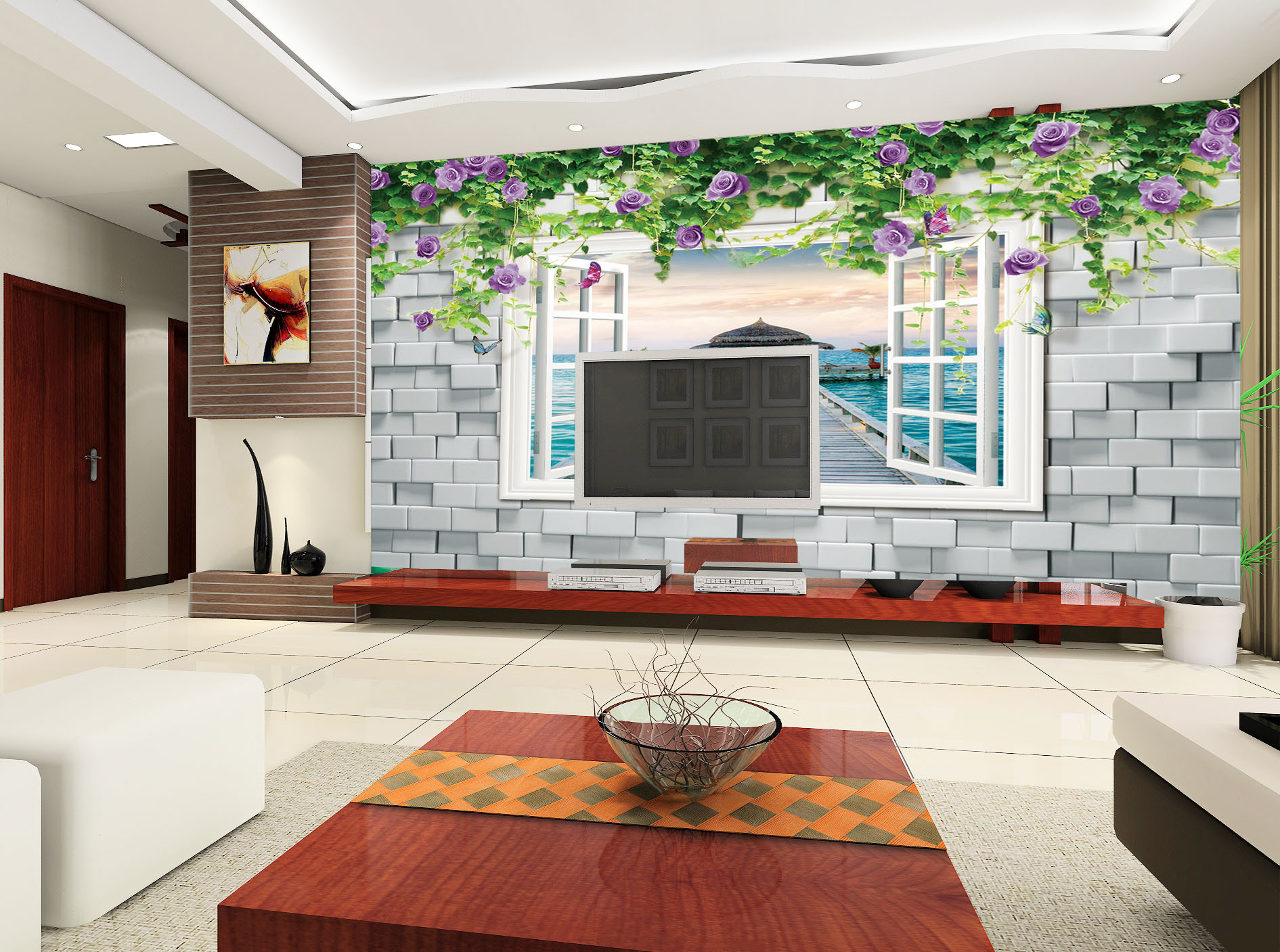 新中式客厅影视墙壁画图片大全 – 设计本装修效果图