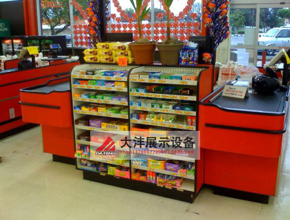 超市收银台便利店食品货架 休闲铁木结合卖货架子超市木架货架子