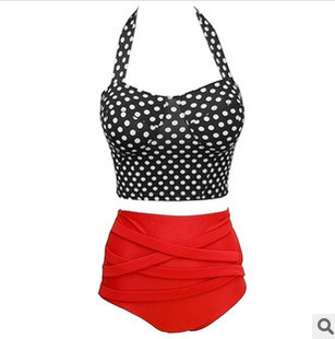 2014新款泳衣黑点红裤 高腰款 女士泳衣 比基尼分体泳衣性感泳衣