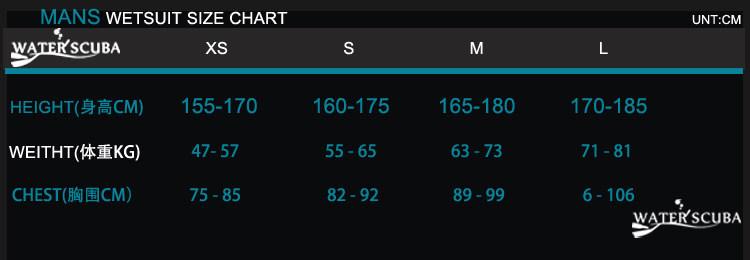 潜水服尺码表MAN-XS-L