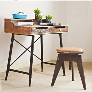 康美 美式复古带抽屉实木学生书桌 家居书房铁艺写字台实木办公桌
