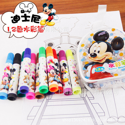 米老鼠12色儿童绘画水彩笔拎袋式包装无毒彩色涂鸦笔创意文具批发