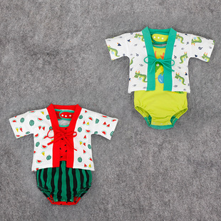 夏季新款哈衣 宝宝民族风系带和服 婴幼儿服装纯棉两件套13053