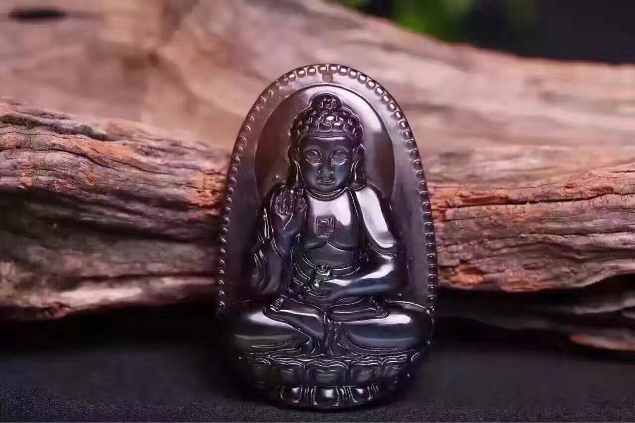 冰种黑曜石十二生肖本命佛吊坠 天然冰彩
