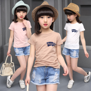 2016夏季新款童装 女童韩版纯棉短袖破洞米奇T恤 中大儿童上衣