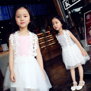 2016夏季新款童装 女童韩版无袖肩花边纱裙 中小女童一件代发