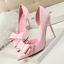 3168-2 Thời trang Hàn Quốc trình diễn chiếc nơ cao gót ngọt ngào cao gót cao gót nông cạn miệng nhọn bên giày rỗng Giày cao gót
