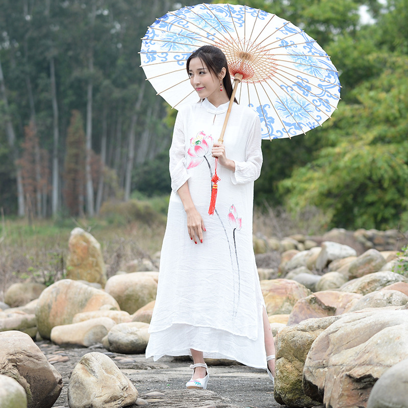2016中国风女装手绘白色七分袖连衣裙双层夏