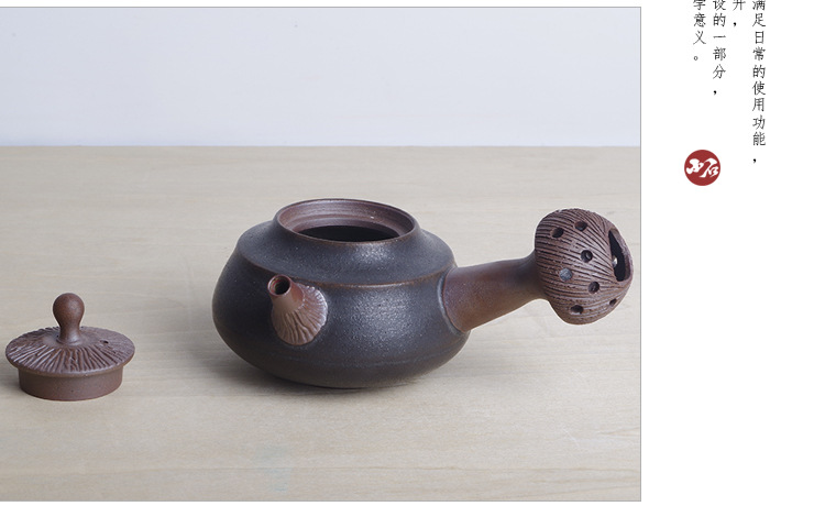 古朴手工单壶 粗陶陶器 手工握把壶