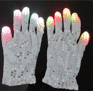 厂家直销 亮片发光手套 贴片LED七彩发光手套 万圣节 表演道具