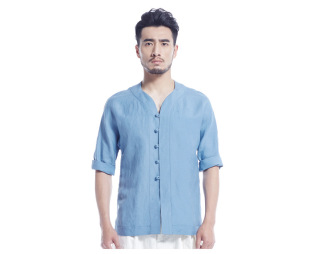 2016夏新款中国风v领中式休闲中袖衬衫 简约纯色短袖衬衣男 241