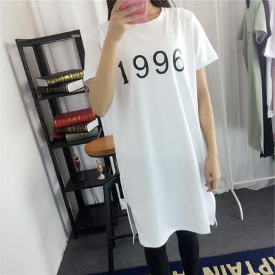 2016夏款新品 数字1996长款纯棉短袖t恤女韩版宽松卫衣裙批发