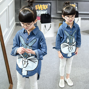 2016春秋新款童装 女童韩版长袖兔子牛仔衬衫 中大儿童衬衣代发