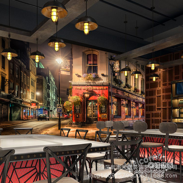 欧式3D复古咖啡店墙纸 休闲吧茶餐厅怀旧大型