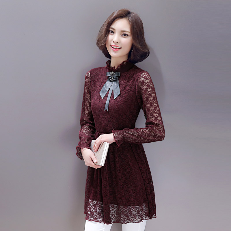 2016春装新款女装韩版中长款长袖蕾丝衫打底