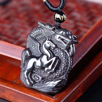批发 天然冰种黑曜石十二生肖吊坠 龙马吉祥物彩眼宝石纯手工项链