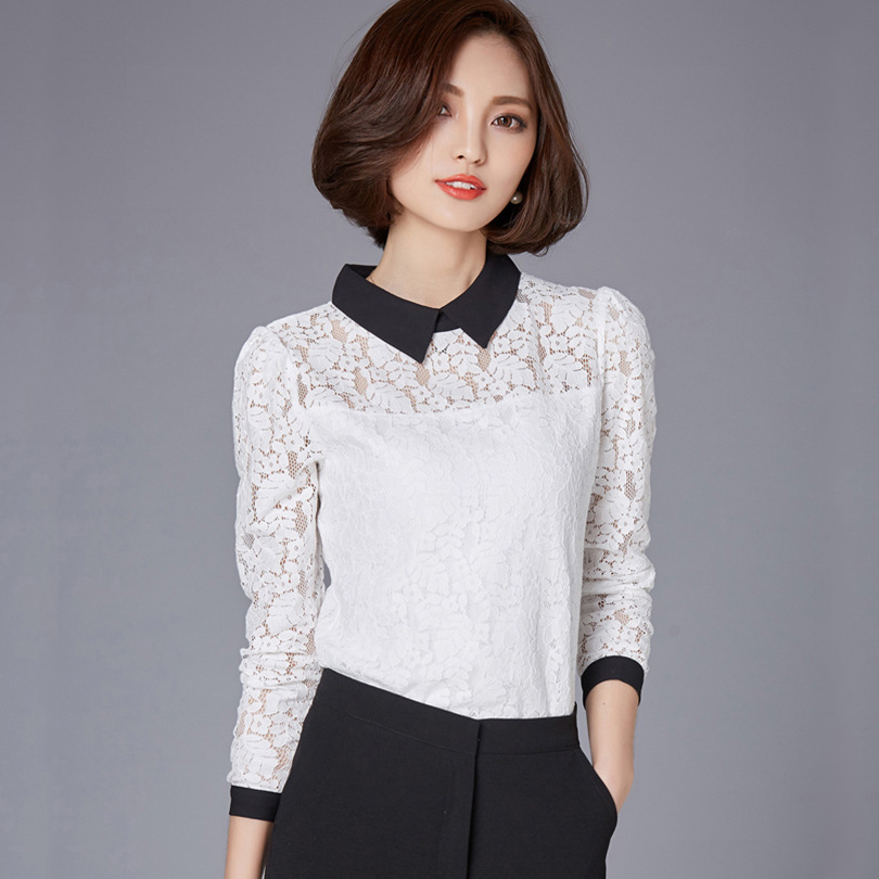 2016春装新款韩版修身蕾丝袖翻领打底衫女式