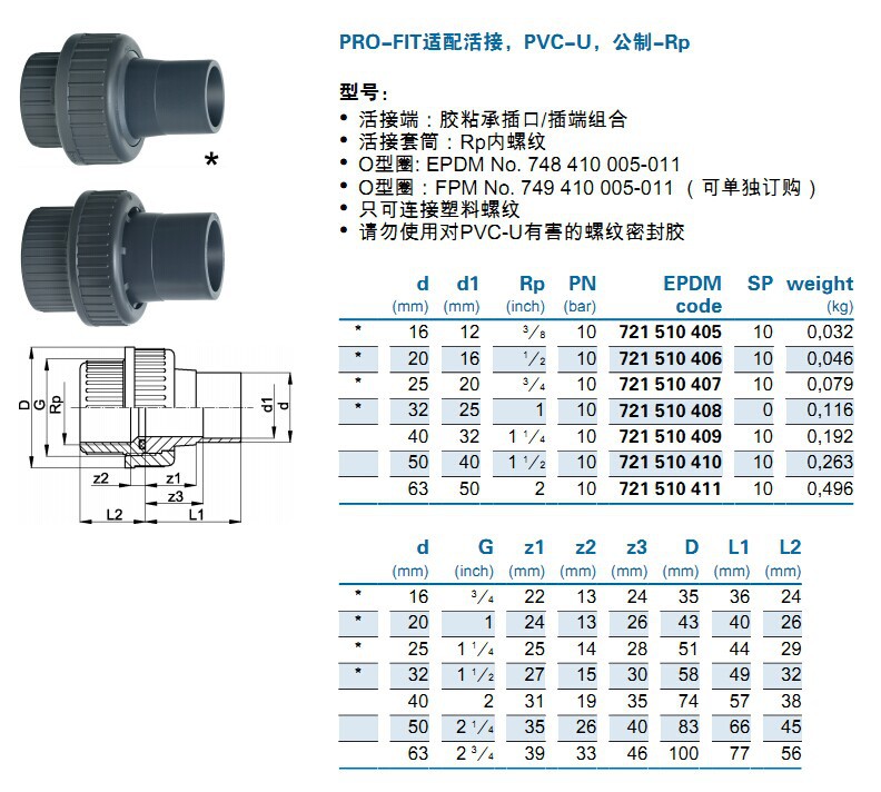 活接头 pvc-u管材配件 瑞士 gf  pn10 胶粘承插口(带内牙)