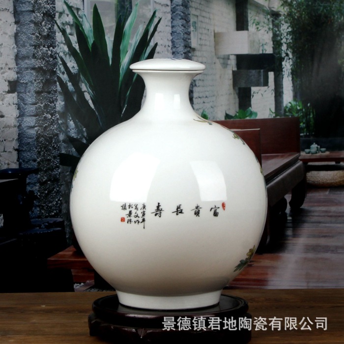 景德镇陶瓷酒瓶 高白泥平盖酒瓶 桃花花鸟 批发定做 多中画面