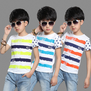 2016夏季新款童装 男童韩版纯棉短袖炫彩条纹T恤 中大儿童上衣