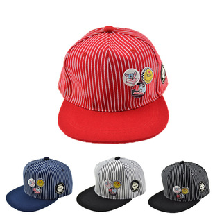 韩版新款细条纹儿童棒球帽卡通纽扣徽章笑脸童帽骷 髅嘻哈帽潮