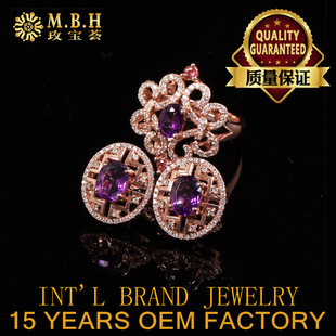 s925银镀玫瑰金镶天然紫水晶戒指耳钉套装 时尚彩宝饰品厂家批发