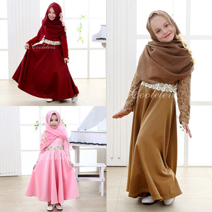 新款穆斯林童装 长袖连衣裙 马来装假腰带童裙+头巾32147
