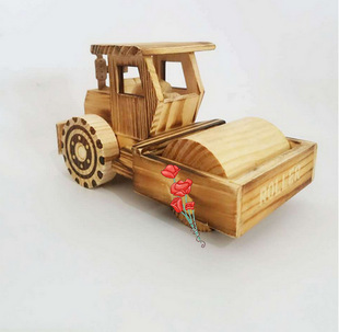 厂家批发 木制工程车模型系列压路机 木头模型玩具压路车