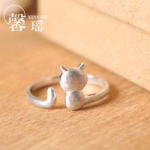 s925银戒指女小猫开口食指环批发萌猫拉丝指环戒文艺原创手工银饰