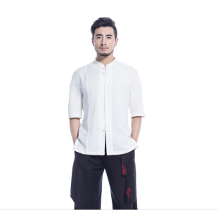 2016夏季新款原创中国风立领中袖纯色白色亚麻盘扣短袖衬衫男 228