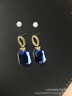 新款方形水晶蓝宝石 合金电镀金色保色镶钻耳坠