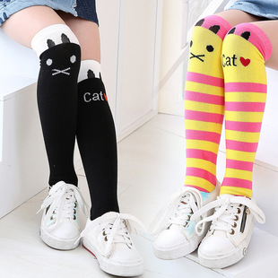 批发2016年春季新款女童袜子 条纹袜子 可爱猫咪中筒袜学生宝宝袜