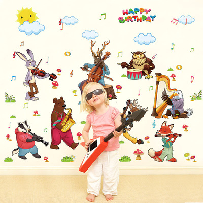 儿童房卡通墙贴纸男女孩卧室幼儿园装饰布置贴画动物音乐会sk9058