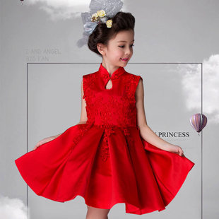 儿童连衣裙中式旗袍公主裙红色花童礼服裙六一儿童演出服夏季新品